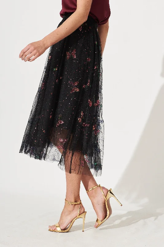 Taryn Midi Tulle Skirt In Multi Black Butterfly Sequin