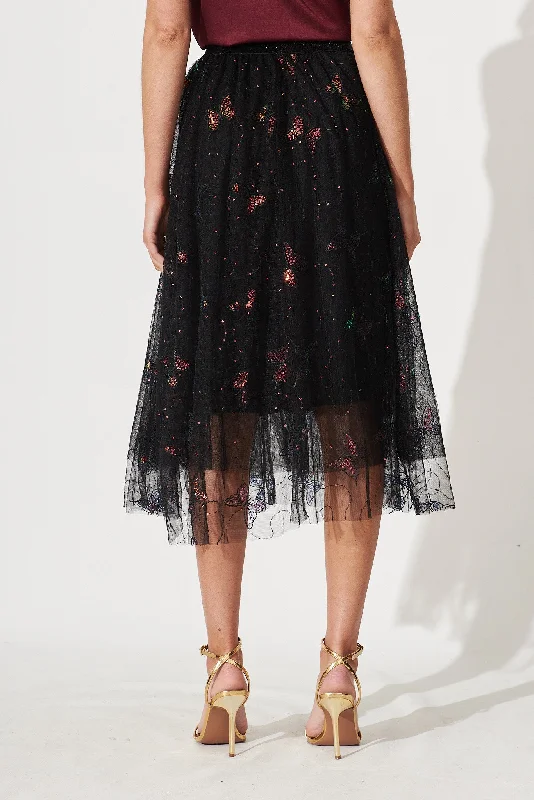 Taryn Midi Tulle Skirt In Multi Black Butterfly Sequin