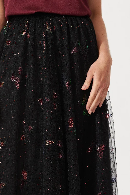 Taryn Midi Tulle Skirt In Multi Black Butterfly Sequin