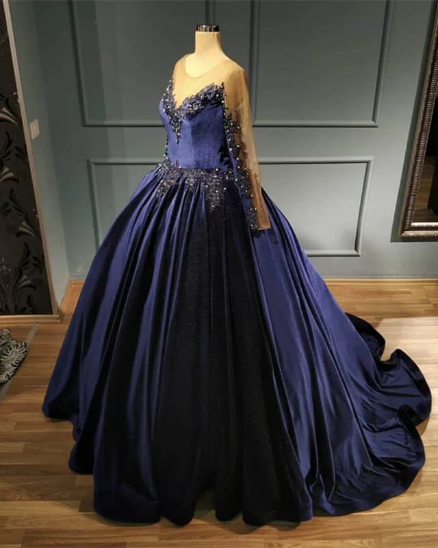 Navy Blue Velvet Ball Gown Long Sleeve Dress