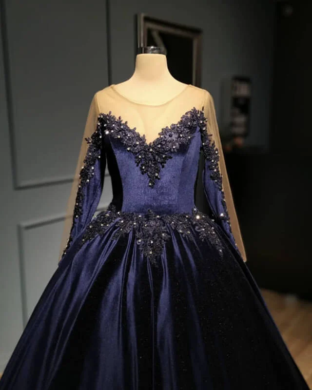 Navy Blue Velvet Ball Gown Long Sleeve Dress