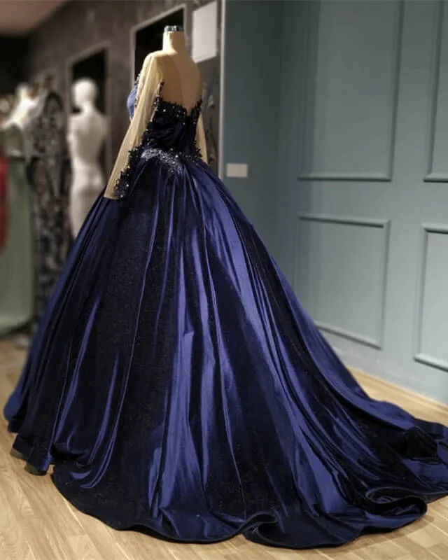 Navy Blue Velvet Ball Gown Long Sleeve Dress