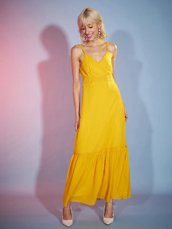 Women Mustard Strappy Wrap Neck Maxi Dress