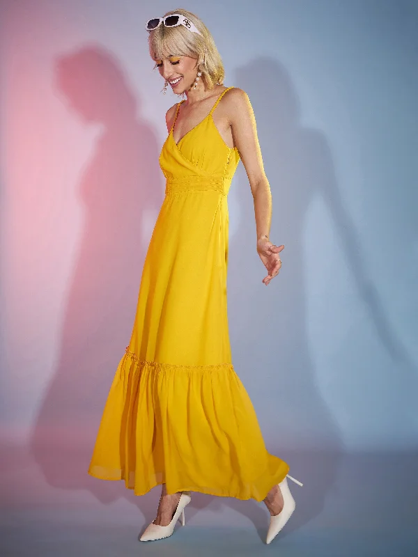 Women Mustard Strappy Wrap Neck Maxi Dress