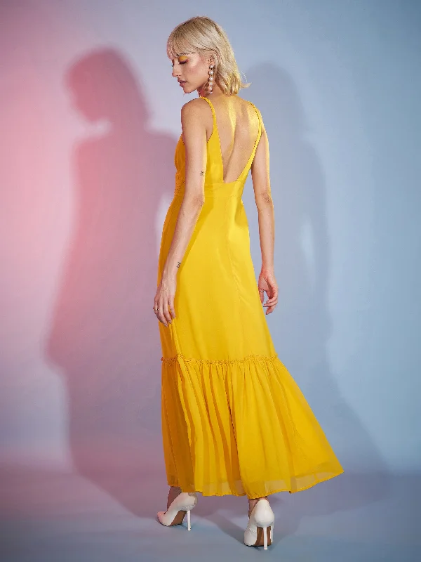 Women Mustard Strappy Wrap Neck Maxi Dress