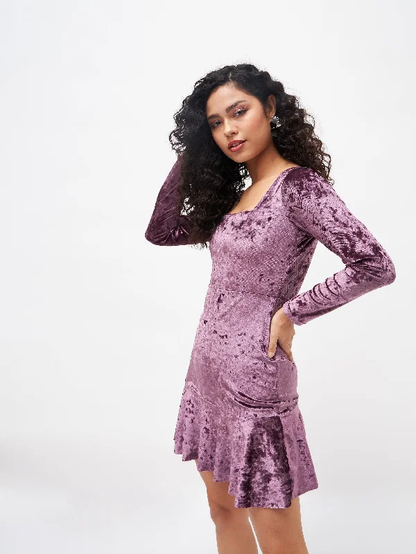 Women Purple Velvet Frill Hem Mini Dress