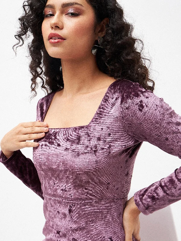 Women Purple Velvet Frill Hem Mini Dress