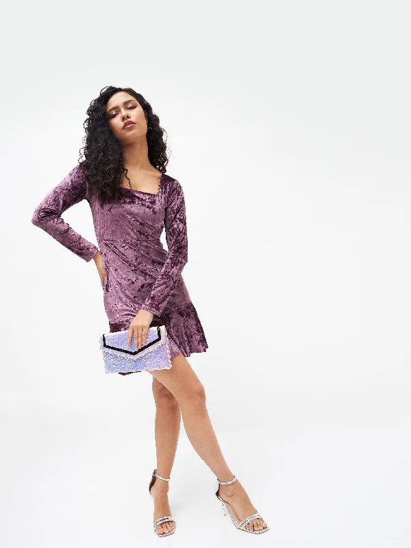 Women Purple Velvet Frill Hem Mini Dress