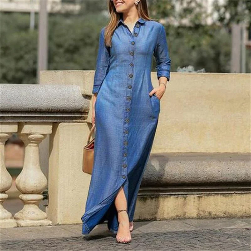 Women's Unisex Style Long Sleeve Lapel Solid Color Dresses