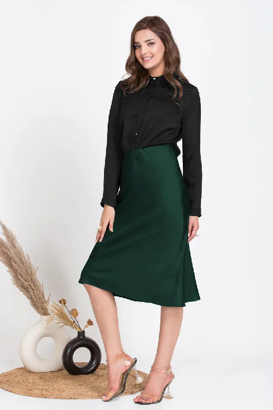 Office Ladies Bottle green Midi satin skirt