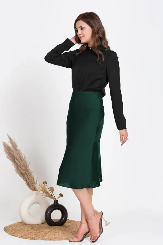 Office Ladies Bottle green Midi satin skirt