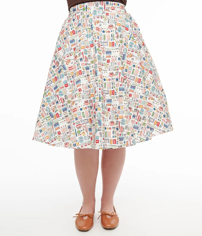 1950s White Sewing Print Cotton Swing Skirt