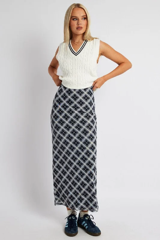 Black Check Maxi Skirt High Rise Mesh