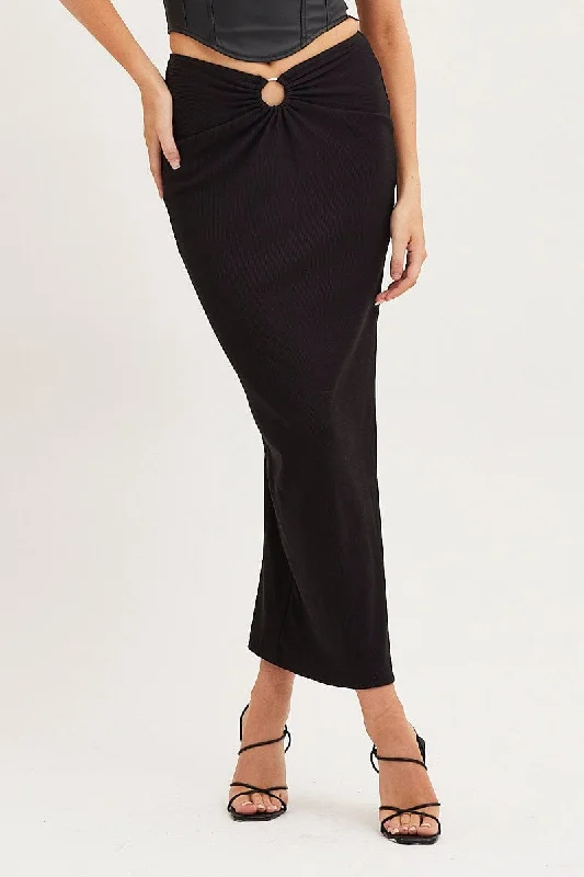 Black Maxi Skirt High Rise Ring Detial Rib Jersey