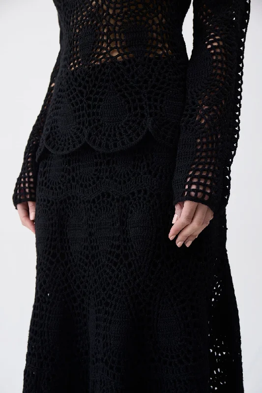 Cleo Crochet Skirt in Black Wool Cashmere