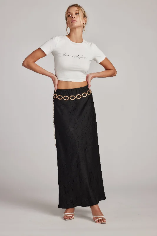 Delanie Black Satin Maxi Skirt