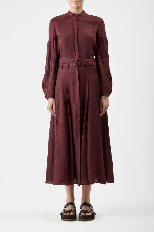 Dugald Pleated Skirt in Deep Bordeaux Linen