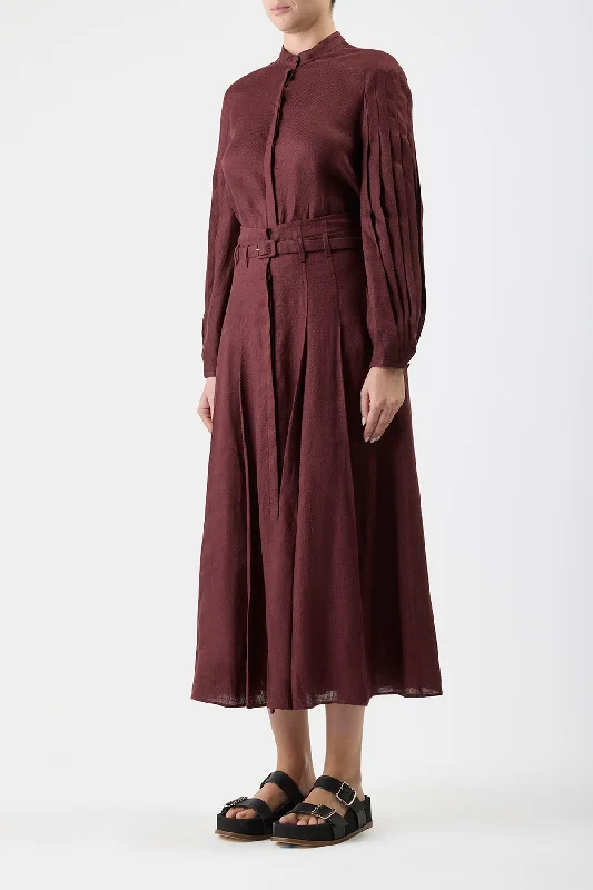 Dugald Pleated Skirt in Deep Bordeaux Linen