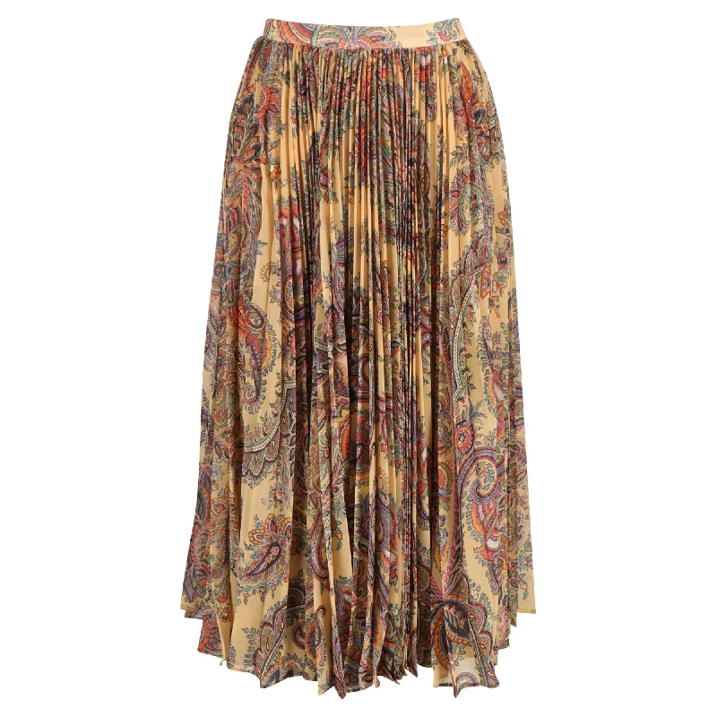 Etro Pleated Paisley Midi Skirt in Beige Polyester