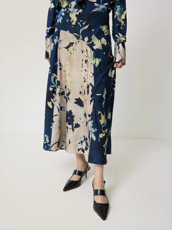 Hidden Floral Silk Blend Skirt | Navy