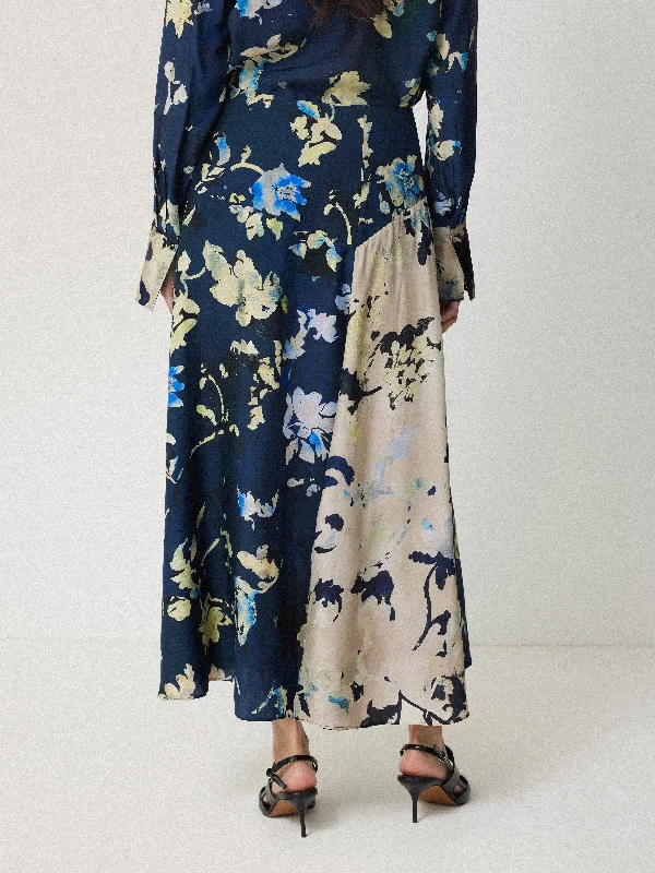 Hidden Floral Silk Blend Skirt | Navy