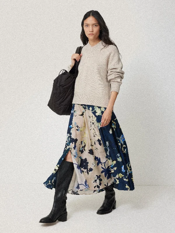 Hidden Floral Silk Blend Skirt | Navy