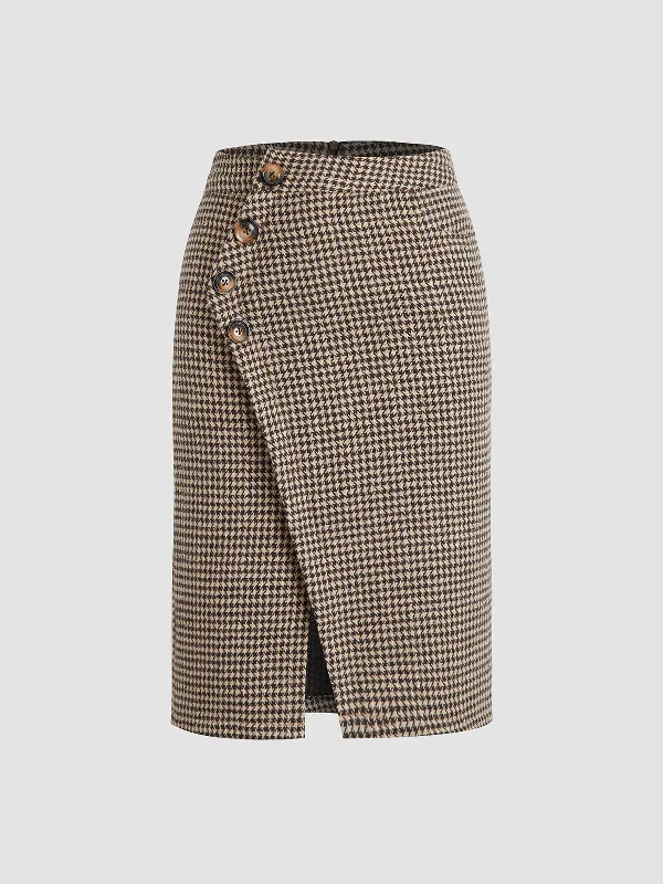 BerryBetty - Houndstooth Side Button Zip Slit Midi Skirt