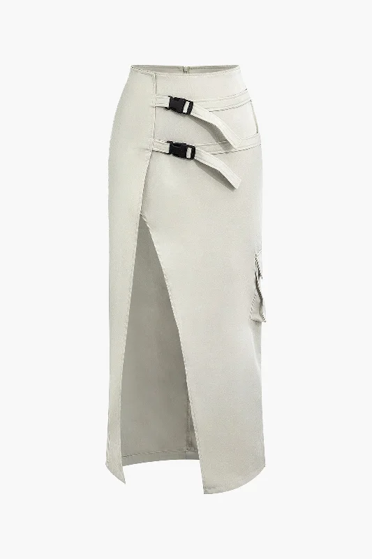 Asymmetric Belted Flap Pocket Split Maxi Skirt