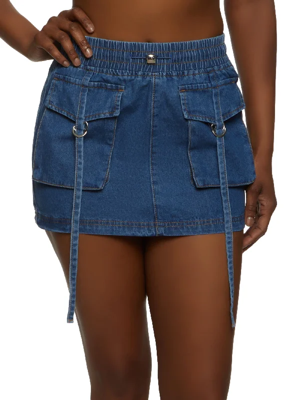 Drawstring Waist Denim Cargo Mini Skirt