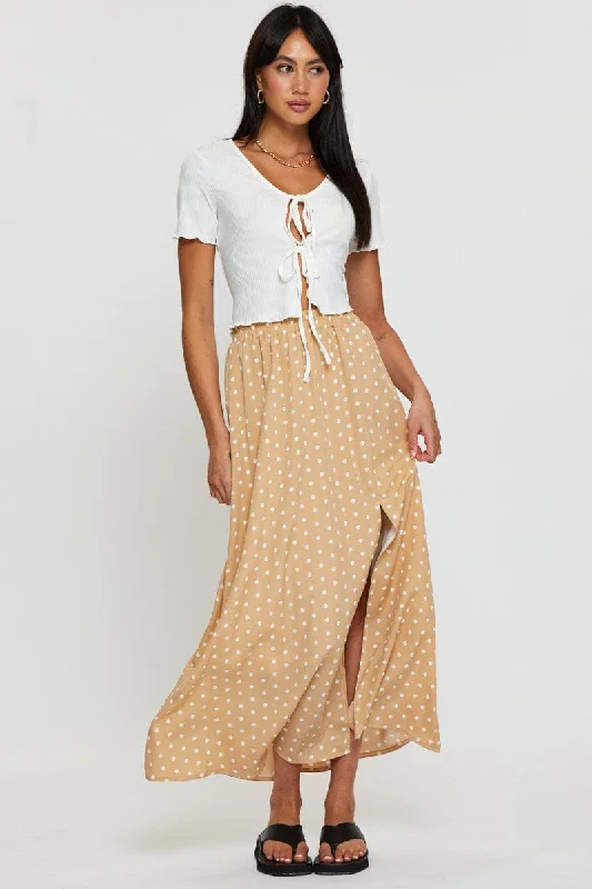 Polka Dot High Waist Front Slit Maxi Skirt