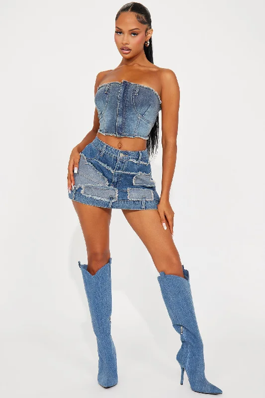 Torn Over You Patchwork Denim Mini Skirt - Dark Wash