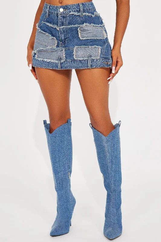 Torn Over You Patchwork Denim Mini Skirt - Dark Wash